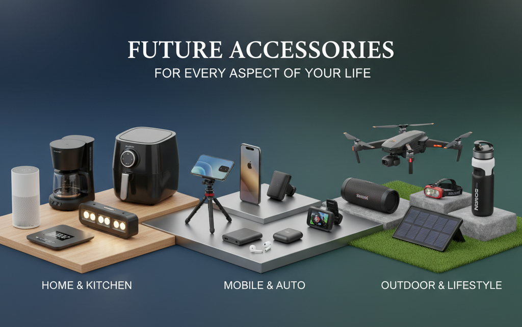 High-quality banner showing a wide range of modern gadgets and accessories including smart home devices, kitchen appliances, mobile tech, car accessories, cameras, headphones, and outdoor gear arranged in a clean lifestyle composition.